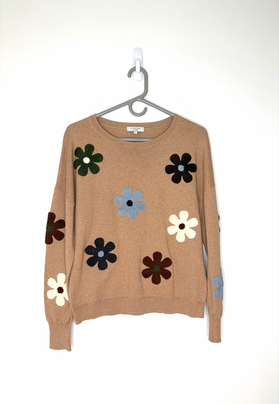 J. Society Flower Crew Neck Sweater Sz M 100% Cotton Boucle Floral Appliques